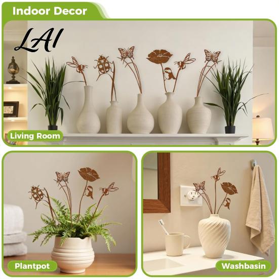 Natural Garden Atmosphere Decor Rusty Silhouette Stake Rustic Flower Pot Insert for Patio Vintage Landscape Path Markers Bird Bee Butterfly