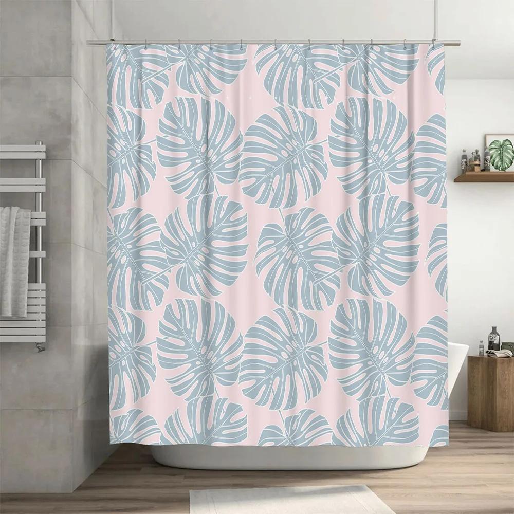 Modern Monstera Leaf Pattern Waterproof Shower Curtain Set for Bathroom Decor Light Pink Blue Colors Available in Various Sizes