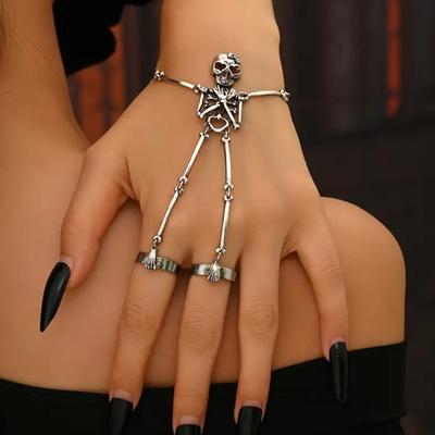 Silver Color Gothic Punk Geometric Hollow Skull Skeleton Link Ring Bracelet for Women Hip-hop Bracelets Halloween Jewelry Gifts