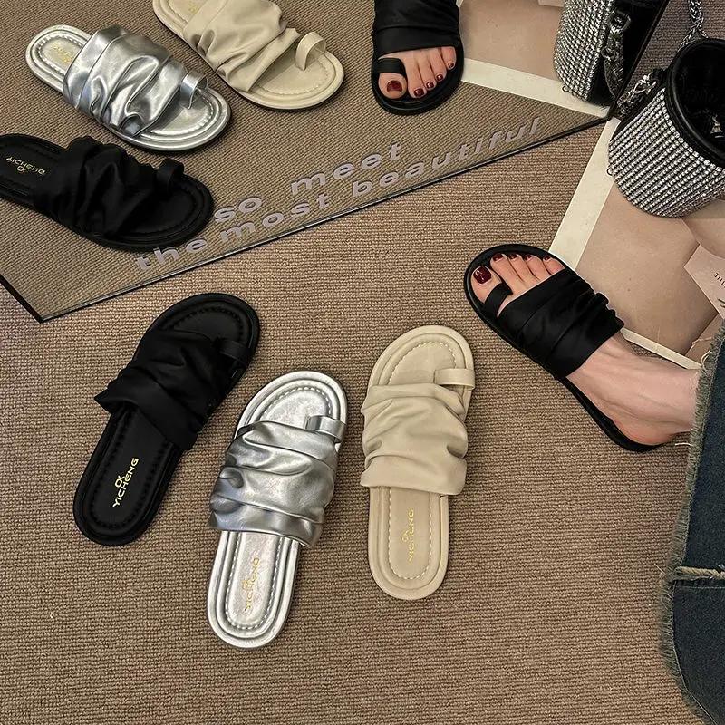 Fashion Off White Shoes Flat On Beach Open Toe Outside Word Women's Slippers and Ladies Sandals Slides Trend Footwear Unique B F I Sale