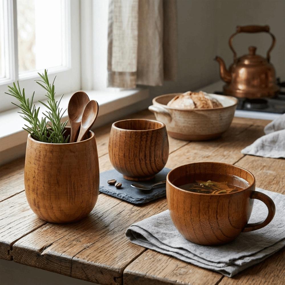 Solid Structure Wood Wooden Mug Heat Resist Smooth Coffee Cup Retro With Handhold Japan Style Cup Home Leisure