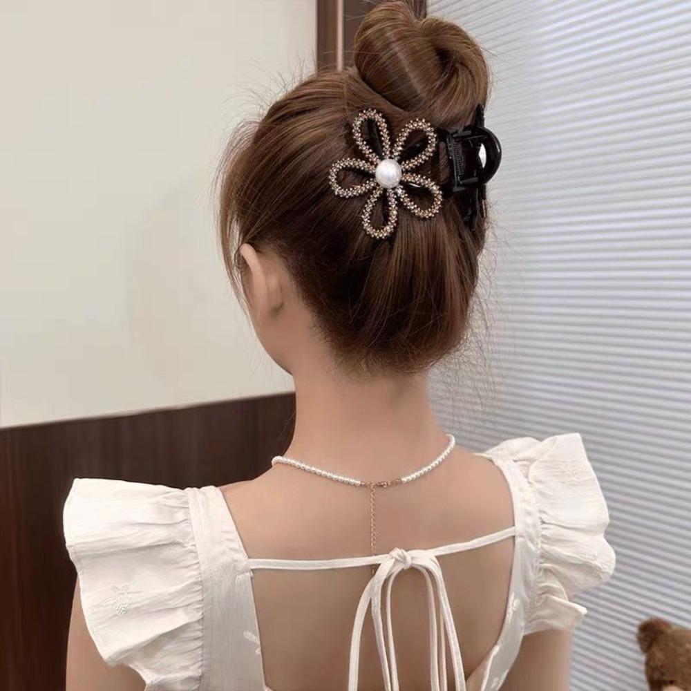 Flower Pearls Shark Clip Zircon Shiny Hair Claw Rhinestone Shark Clip  Party