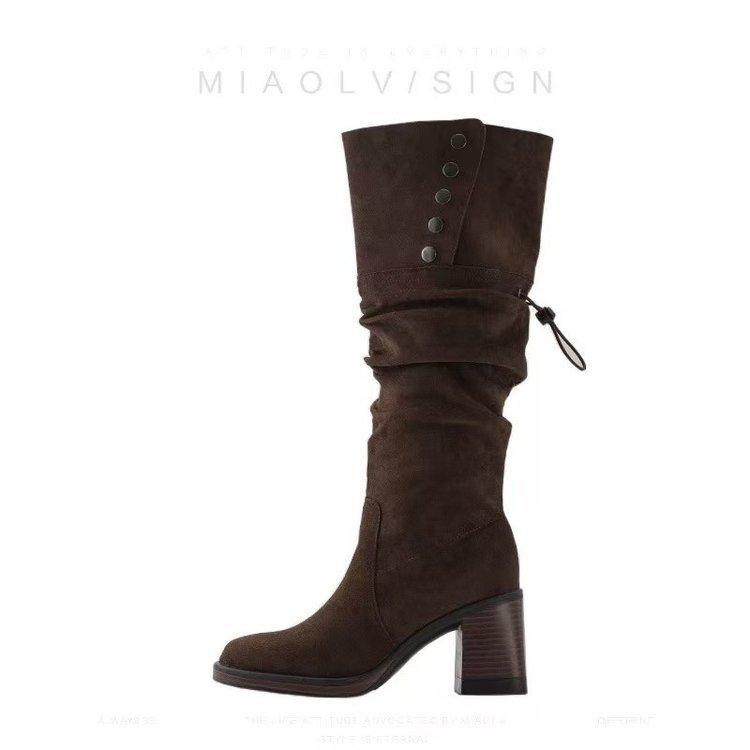 Genuine Leather~ Maillard Boots Women's 2025 Autumn and Winter New Stacking Boots Thick Heel Western Women's Boots High Heel Knight Boots