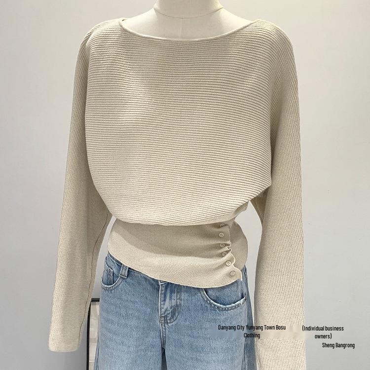 One-Shoulder Knit Base Shirt: Women's Korean Style Autumn/Winter Fashionable Versatile Off-Shoulder Sweater.