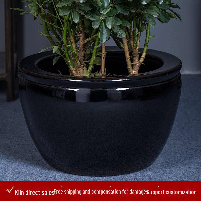 Large Black Gold Glazed Ceramic Pot for Flowers, Fortune Trees, or Lotus