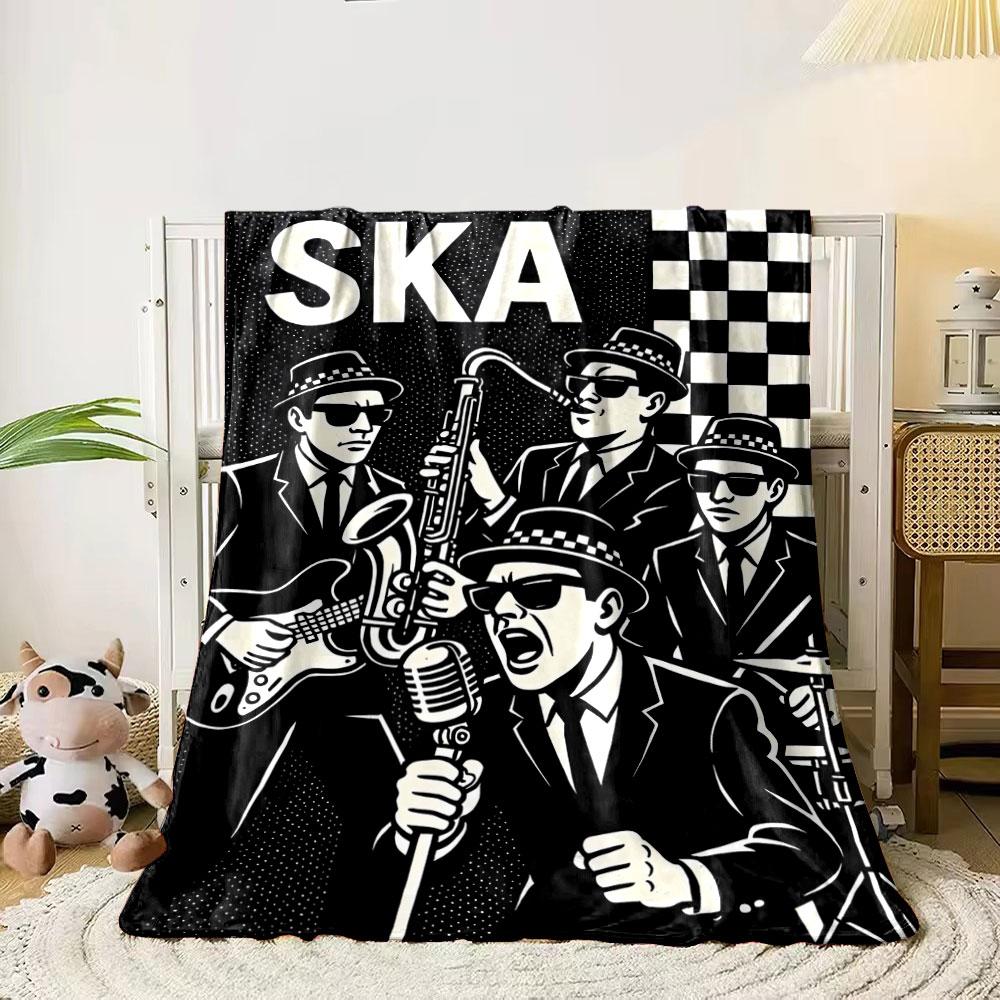 

Black-and-white ska-themed band illustration with checkered patterns. for all seasons blanket lunch break throw gift 80cm x 120cm