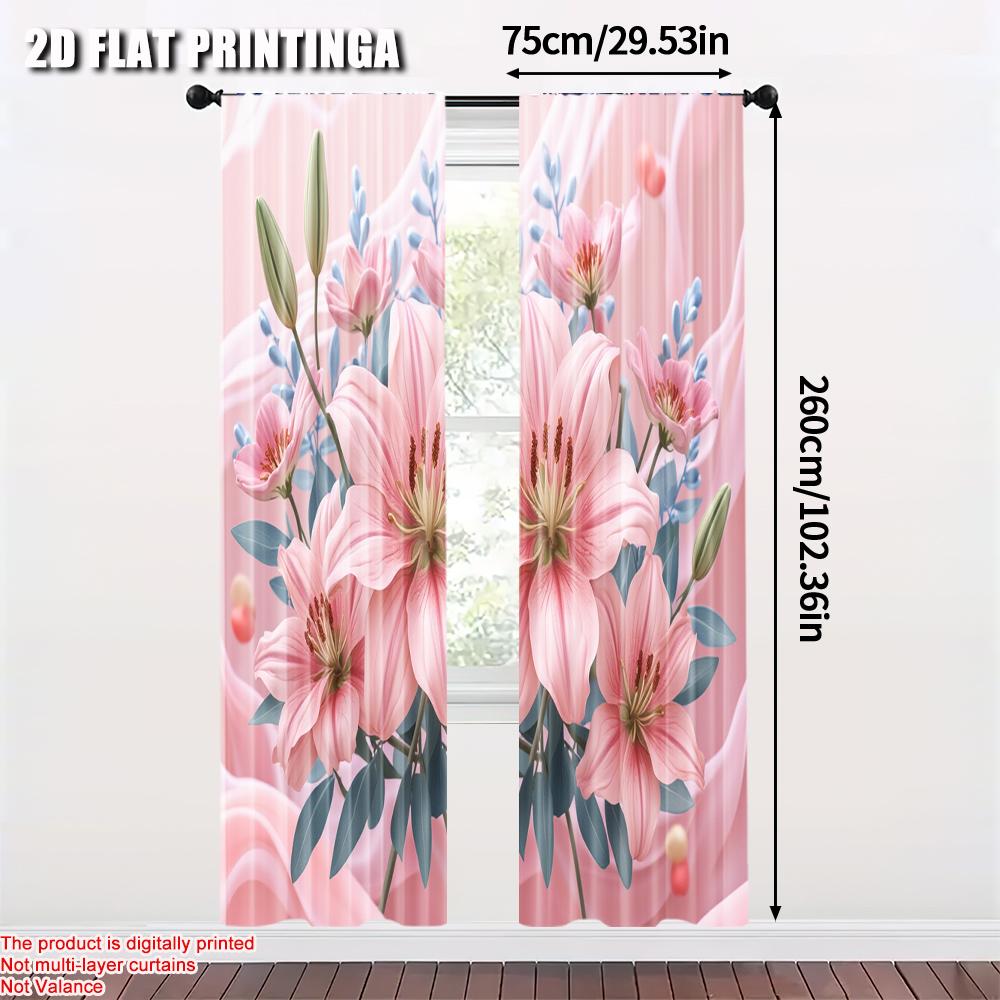 2pcs   2D flat printing Party Curtain Pink Lily Versatile Polyester Fabric  Without Electricity Family Party Decoration for