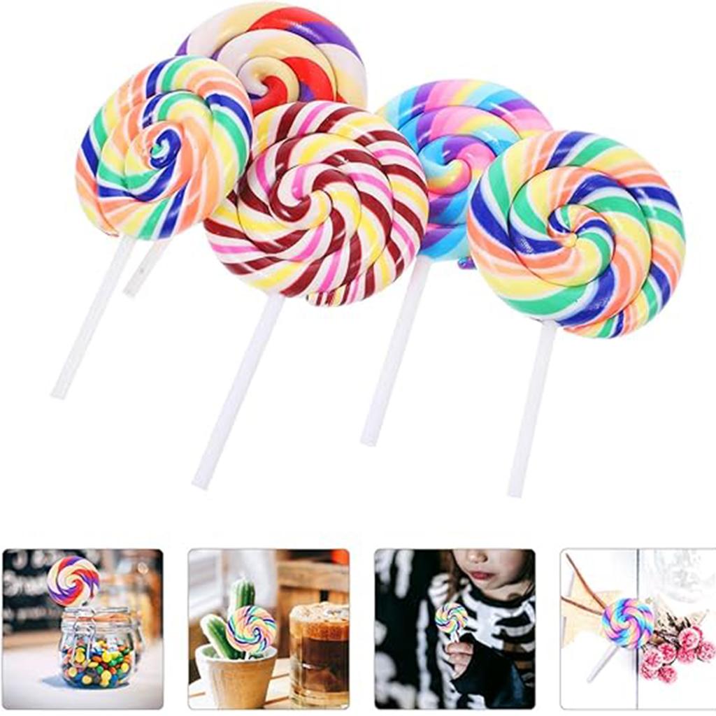 10Pcs Lollipop Prop Clay Candy Embellishment Rainbow Swirl Lollipop Lolly Random Candy Shaped Cake Decoration Party