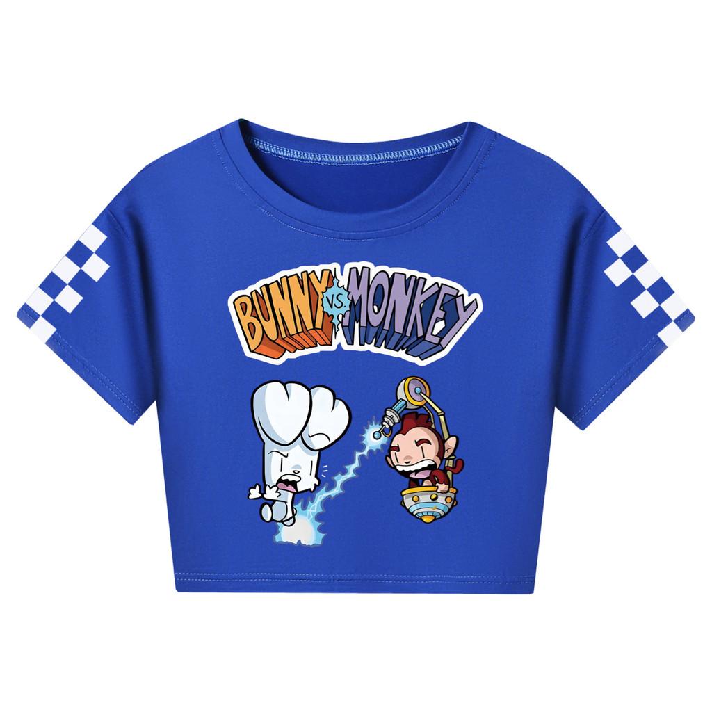 4187 Kid Girls Bunny Monkey Print Short Sleeve Short T-Shirt 110cm темно-синий