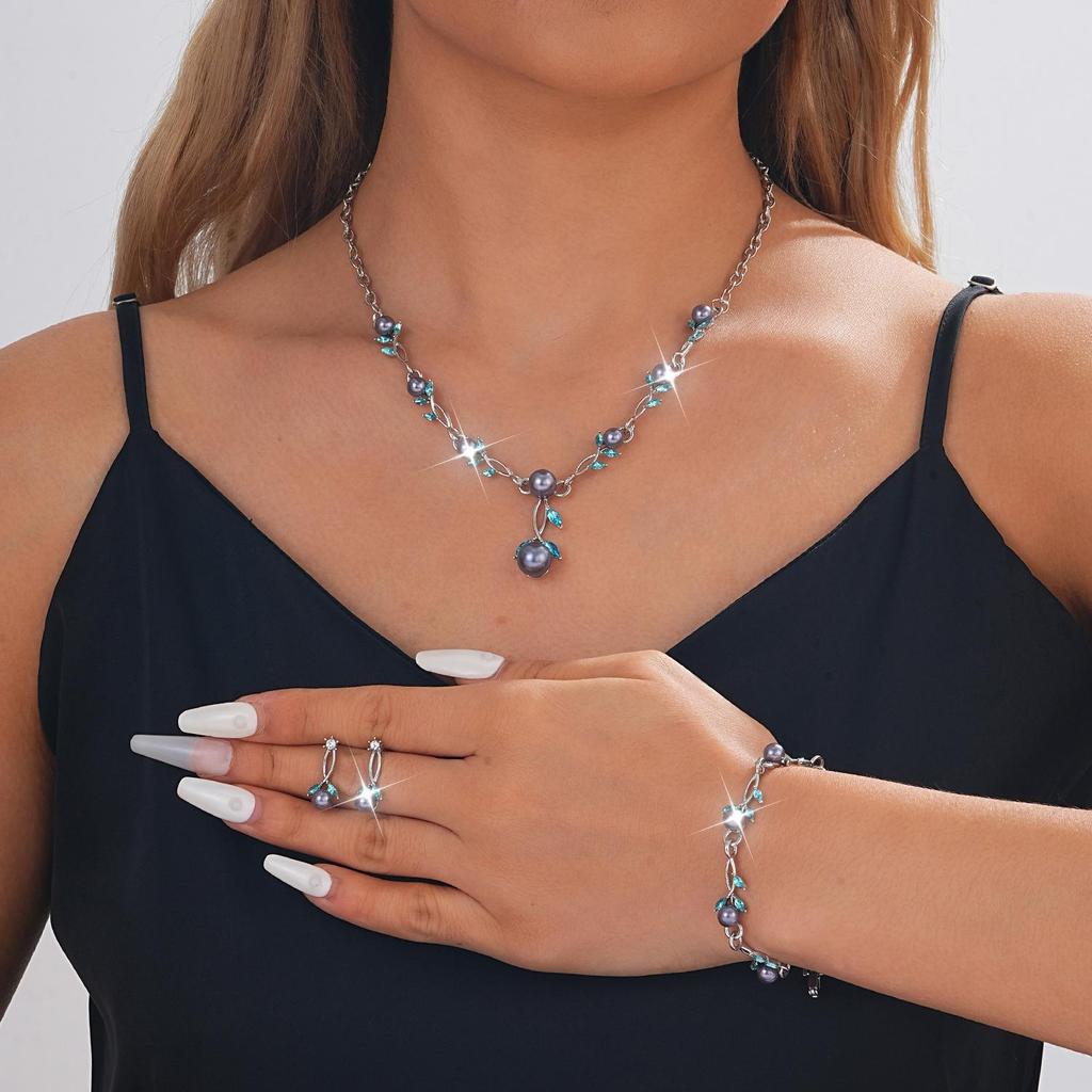 Elegant Pearl Rhinestone Flower Jewelry Set: Necklace, Earrings & Bracelet for Weddings & Banquets