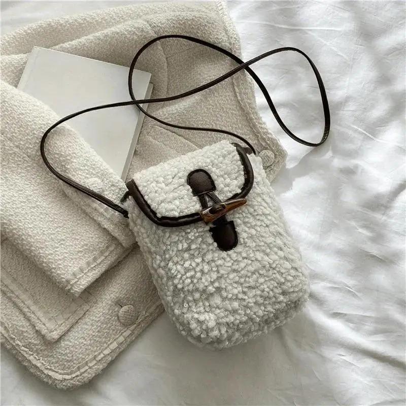 

1 Pcs Women s Retro Lamb Fleece Bag Color Blocking Minimalist Mobile Phone Bag Single Shoulder Crossbody Small Bag белый