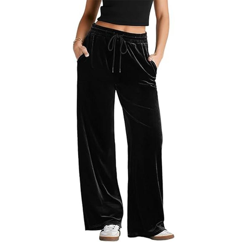 Womens High Waist Straight Wide Leg Trousers Velvet Casual Pants
