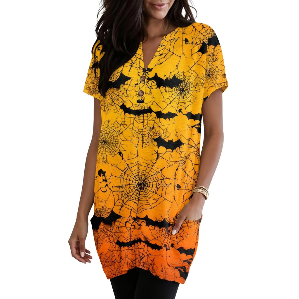 Women V Neck Halloween Print Short Sleeve Pullover Top with Pocket Loose Fit Web Pumpkin Design Tunic Shirt Blouse