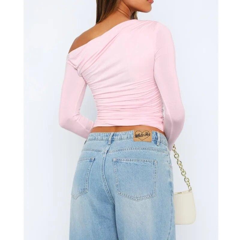 Fashion Slim Fit Skew Collar T-shirts Women Solid Pleated Off-the-Shoulder Crop Tees Tops Casual Elegant White T Shirt  30646
