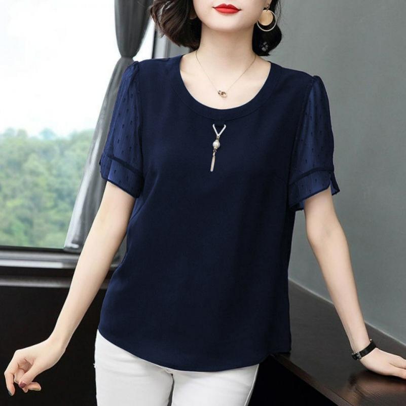Chiffon Shirt That Covers The Belly and Is Thin, Summer Mother's Wear, Loose Large Size Short-sleeved Western Style Small Shirt Top