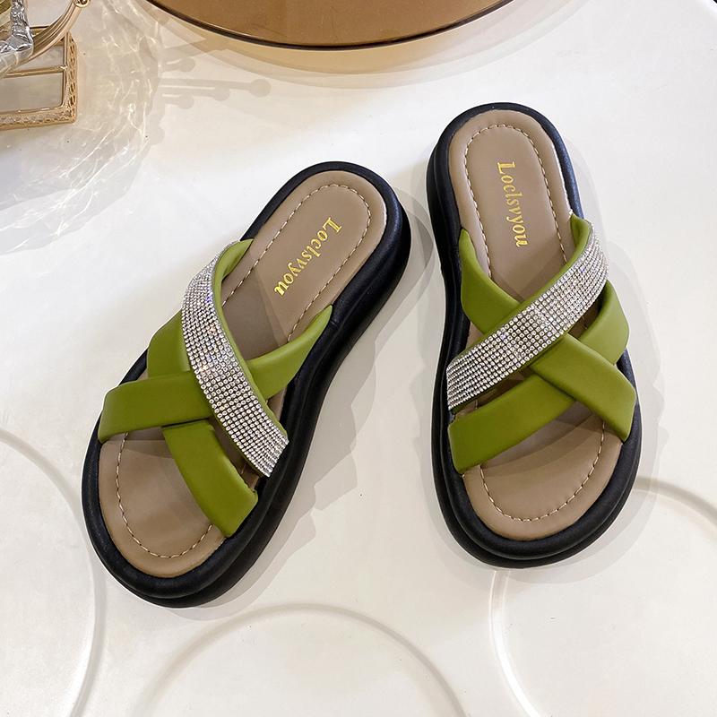 

Жіночі тапочки на платформі 2024 року, літні розкішні корейські модні відкриті носки на низьких підборах, жіночі шльопанці, пляжні сандалі для дівчат. 40 зелений