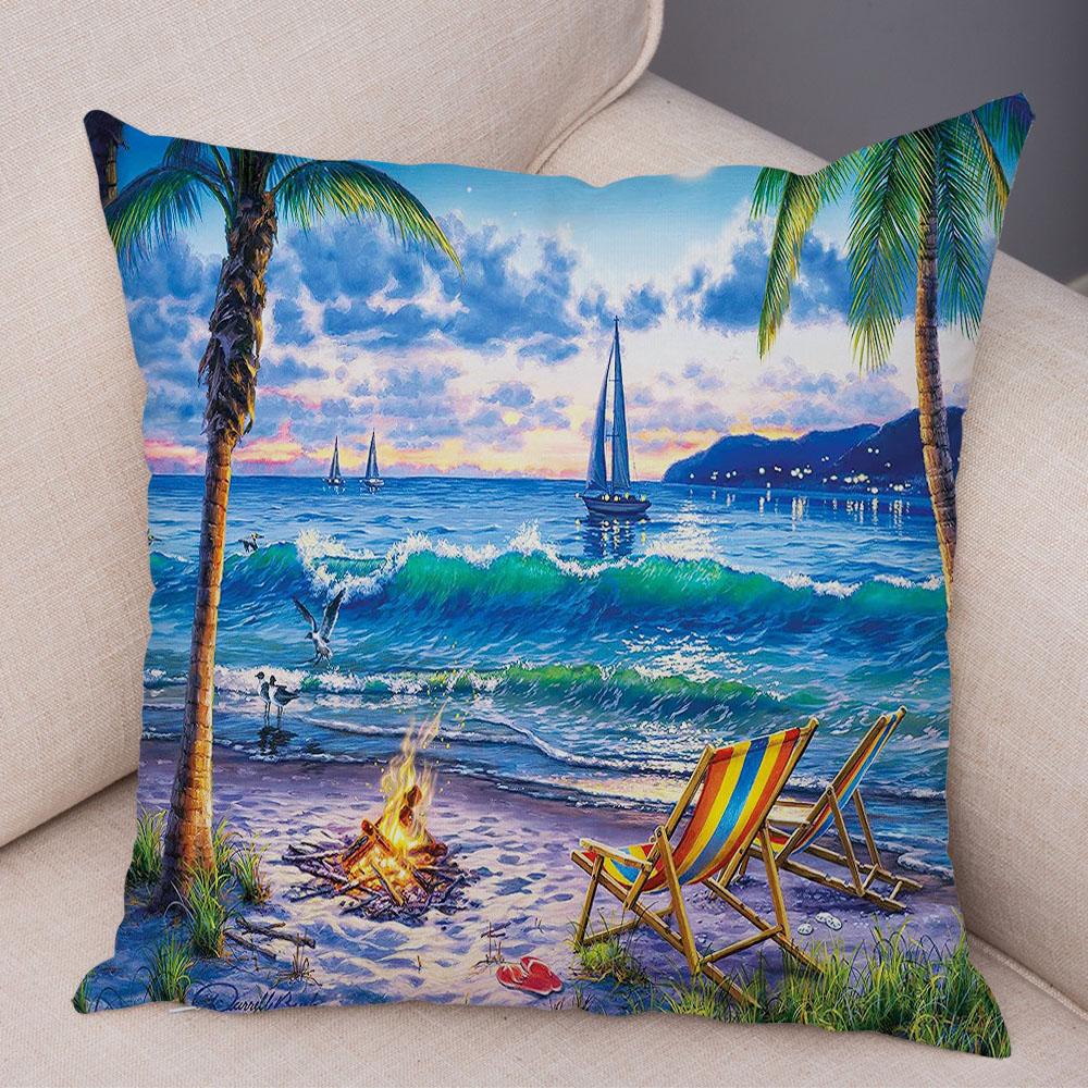 Vintage Colorful Style Coconut Tree Pillow Cover Country House Landscape Pillow Sofa Car Office Cushion Cover Home Decor