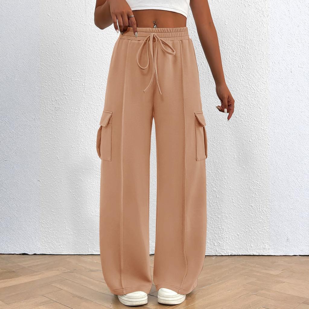 Women's Overalls Casual Lightweight Solid Color Trousers Drawstring Multi-Pockets Straight Leg Pants