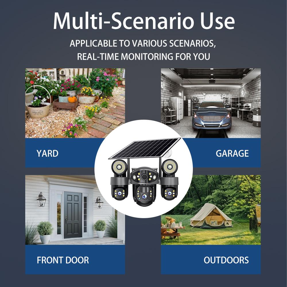 Outdoor Solar Dual-Light Surveillance Camera – 3-Lens 3-View Recorder, HD Night Vision with Lighting