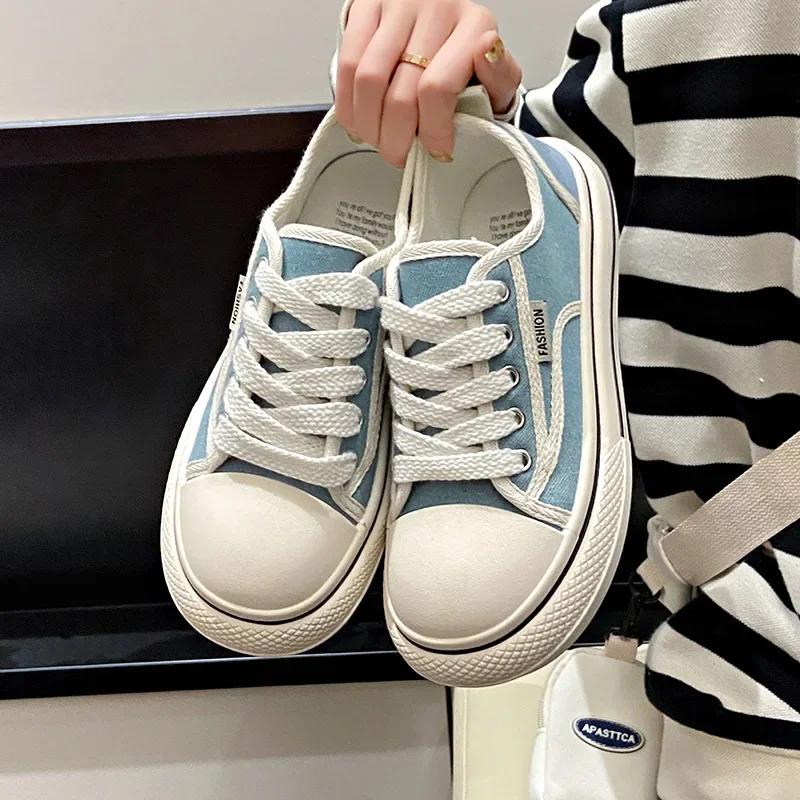 Women Canvas Shoes 2024 Spring Students Thick Bottom Sneaker Casual Lace Up Shallow Mouth Flat Board Tennis Zapatillas Designer