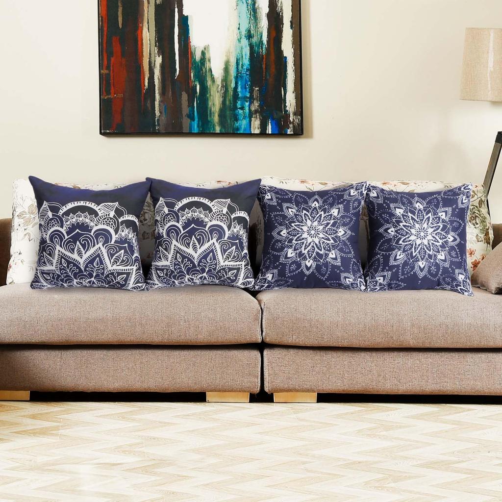 4 Pcs Double Sided Navy Blue Mandala Cushion Covers, Boho Bohemian Floral Throw Pillow Cases (No Inserts)