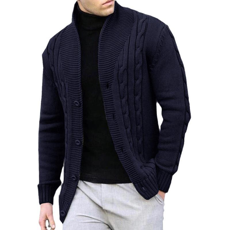 Men's Cable Knit V-Neck Cardigan Sweater with Buttons, Casual Open Front Knitwear In Dark Grey