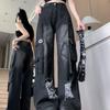 American Retro Black Denim Trousers Female Cargo Pocket Wide Leg Pants High Street Ripped Distressed Buckle Decoration Jeans New