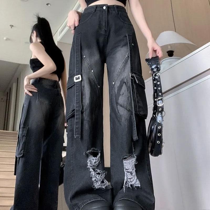 American Retro Black Denim Trousers Female Cargo Pocket Wide Leg Pants High Street Ripped Distressed Buckle Decoration Jeans New