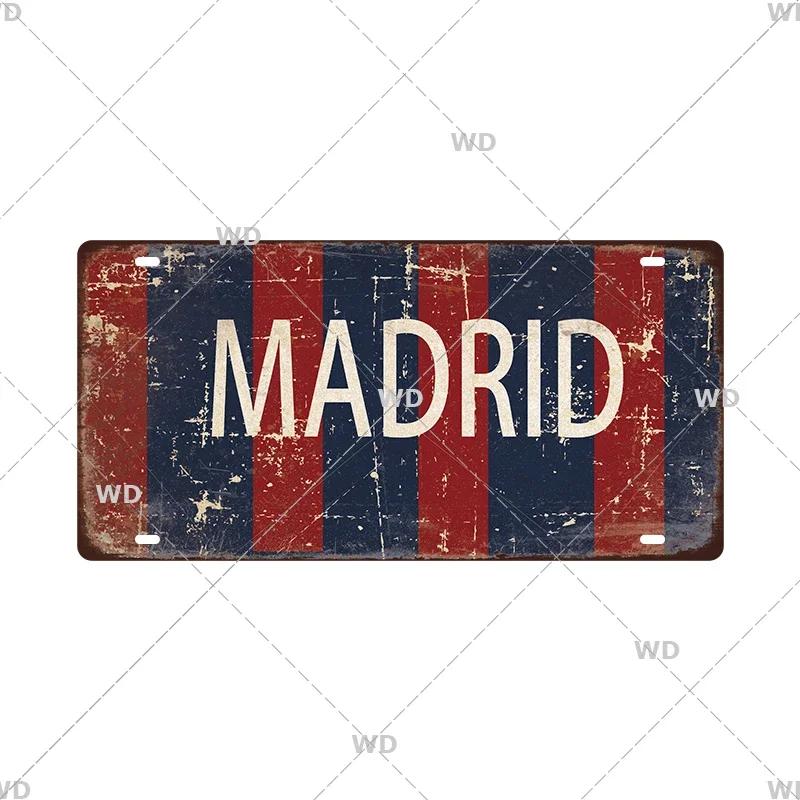 Spain City Metal Sign Licenses Plate Plaque Metal Vintage Tin Sign BARCELONA/MADRID/SEVILLE Flag Bar Pub Man Cave Club Poster