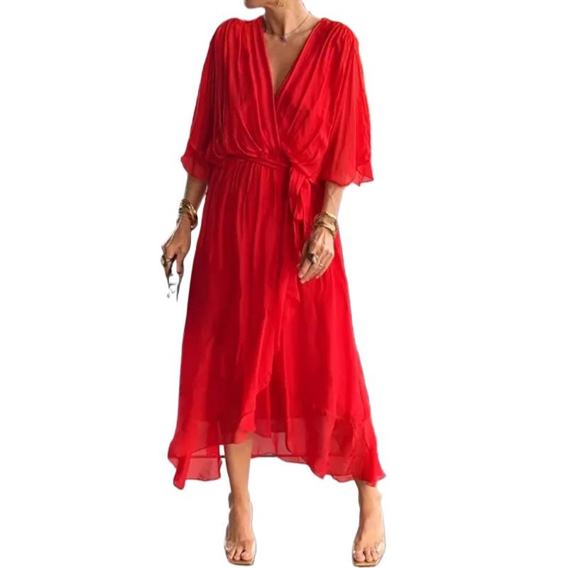 Vestido elegante feminino de verão 2025 novo estilo decote em V com cadarço manga morcego