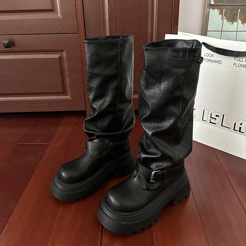 

European Station Explosive Round Head Muffin Thick-soled British Style Versatile Boots Women s 2025 Autumn and Winter Pile Boots Big Head Pants Boots 35