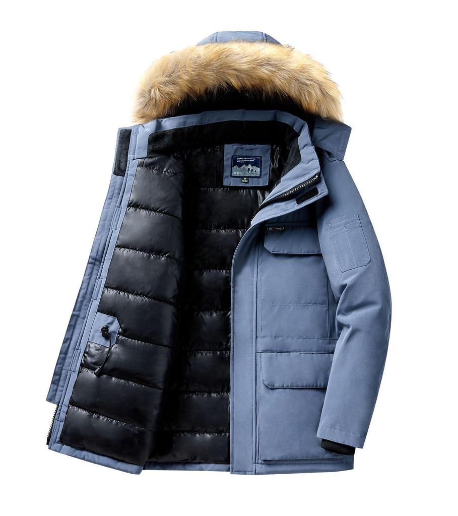 Men's Mid-Length Cotton Jacket with Fur Collar - Warm, Hooded, Windproof, Fashionable Outerwear