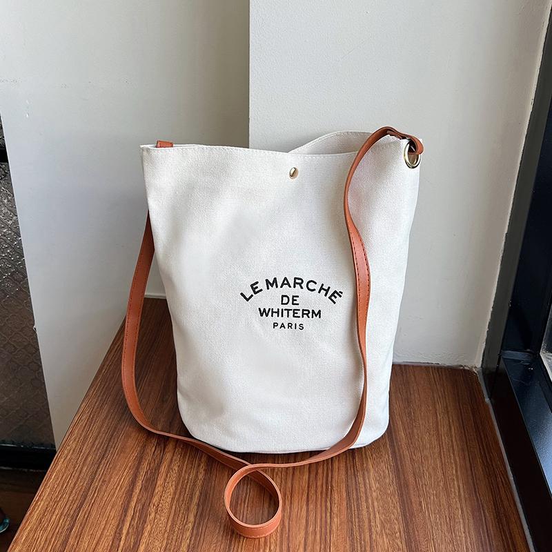 Korean Style Simple Canvas Bucket Bag Synthetic Leather Adjustable Straps Sling Bag For Women Simple Studen Christmas Gift