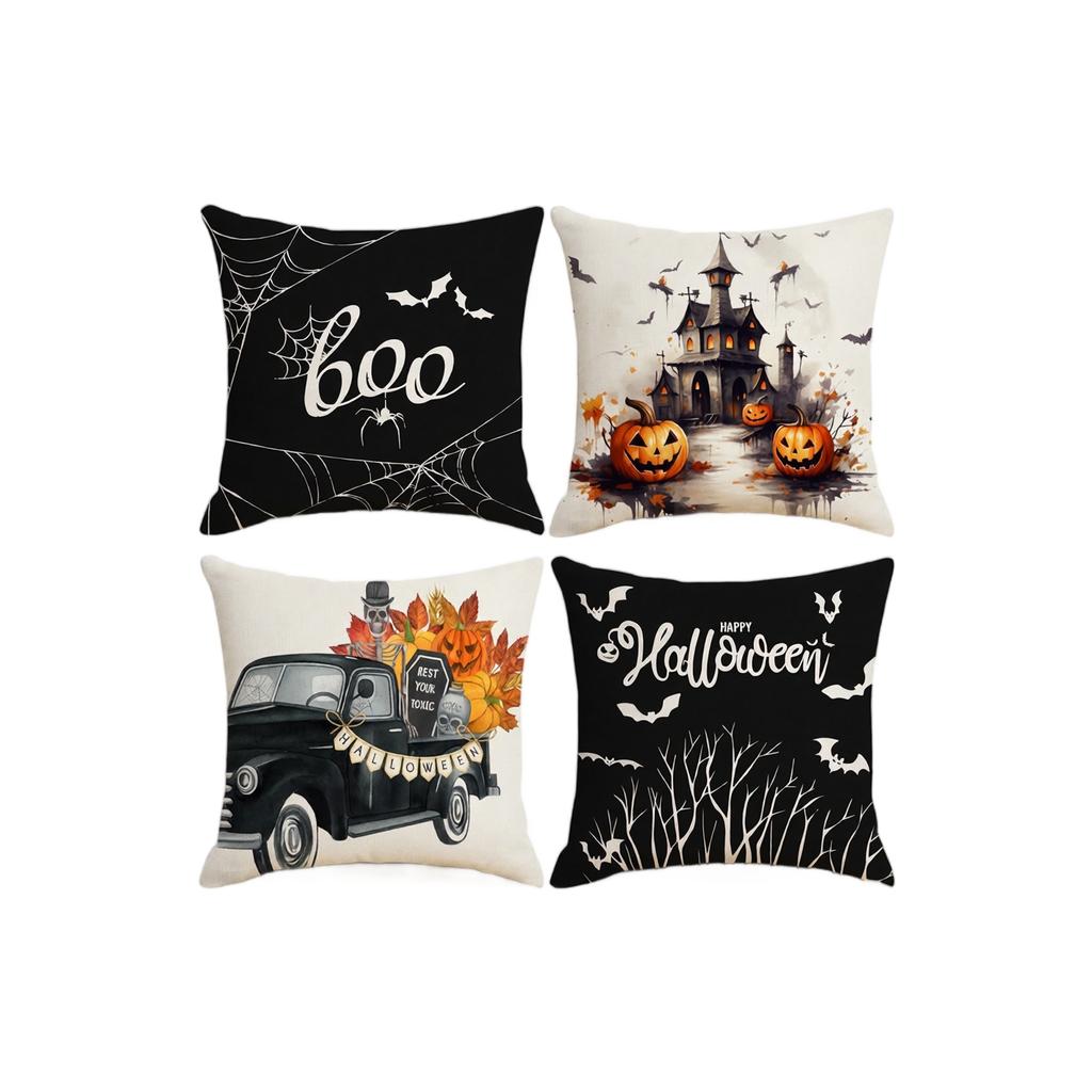4PCS Halloween Pillow Covers Set Decorative Sofa Throw Pillowcases with Pumpkin and Haunted House Designs for Home Decor