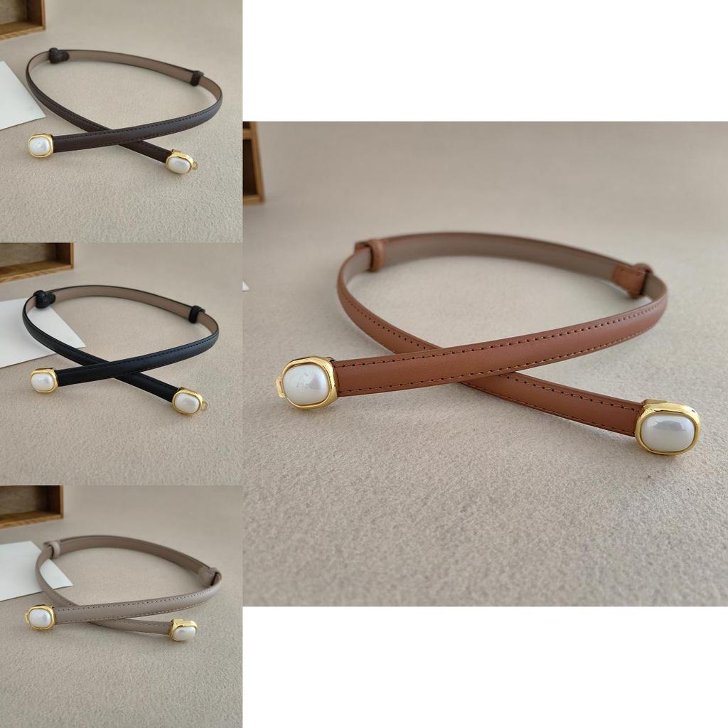 Women Fashionable Leather Belt With Pearl Metal Buckle For Office Weekend Gift