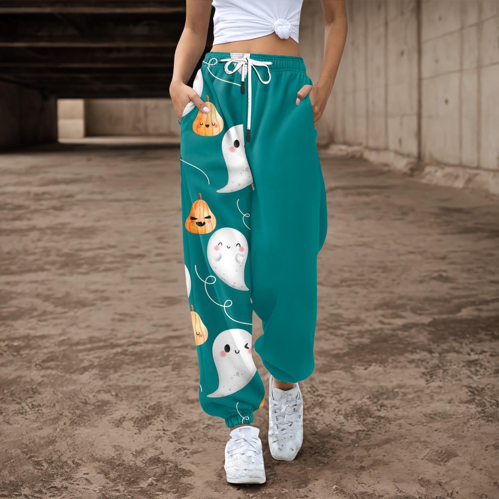 

Женские повседневные брюки с принтом на Хэллоуин, эластичные брюки с завязками на талии S зелёный