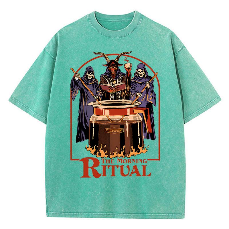 The Morning Ritual Coffee Funny Washed Retro Men T Shirts Summer Cotton T-Shirts Breathable Loose Clothes