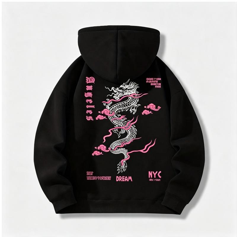 Hooded Sweatshirt And Fleece Casual All-Match Dragon Series Print Sweatshirt