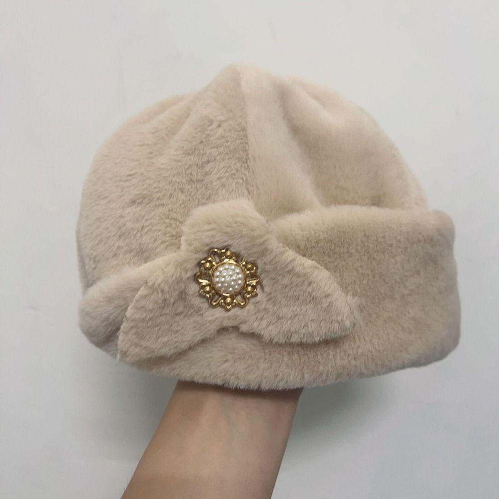 Thickened Bucket Hats Pearl Flower Decor Thermal Hat Solid Color Women Winter Hat  Autumn Winter