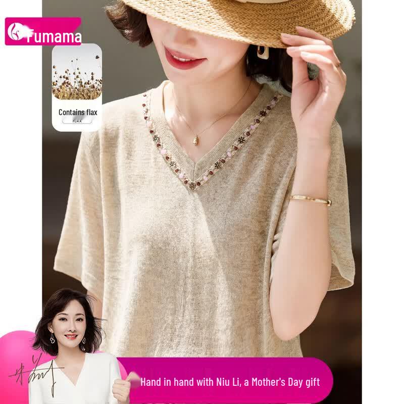 Fumama Women s Linen Blend V-Neck Beaded T-Shirt M