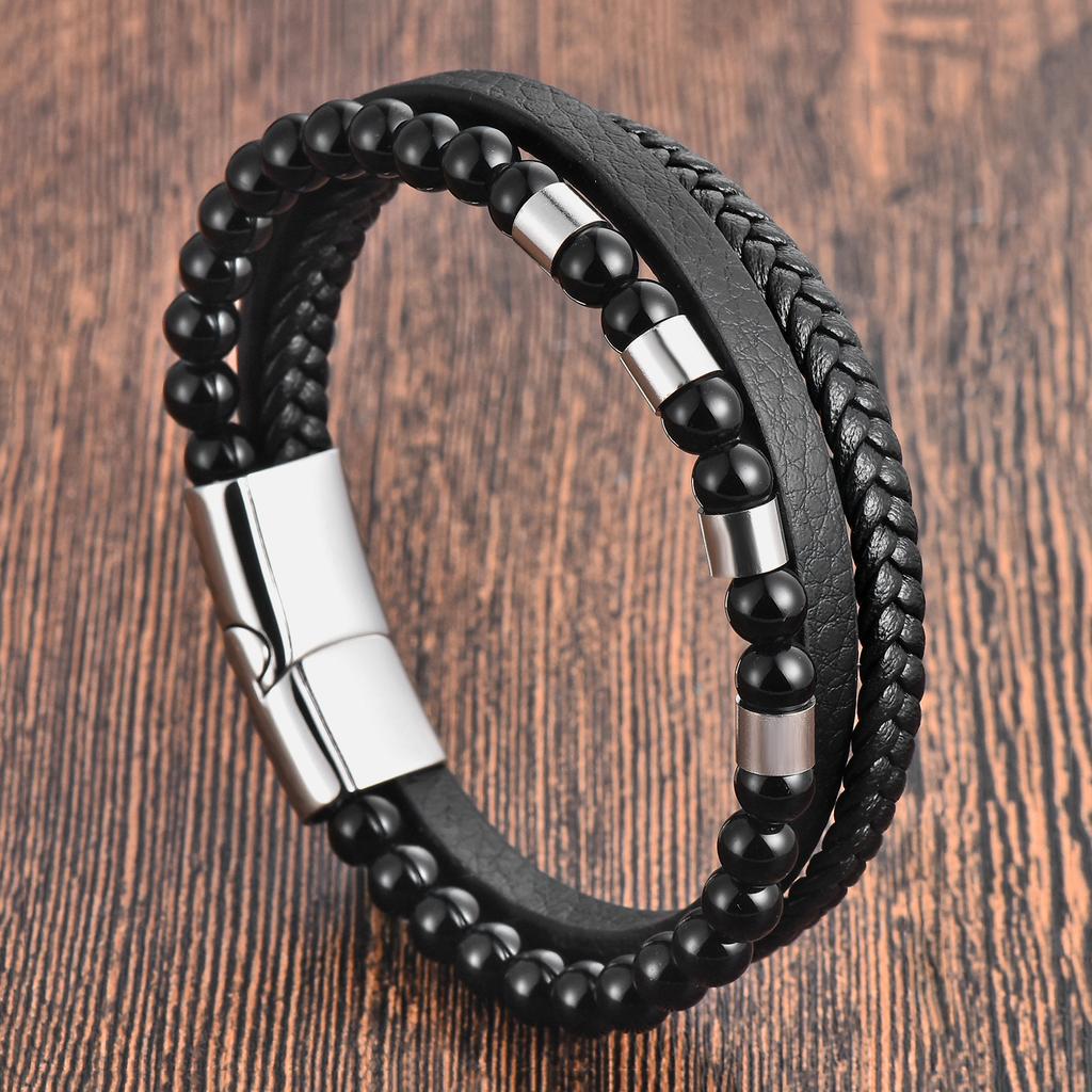 Black Leather Rope Cowhide Men's Double Layer Genuine Leather Woven Bracelet Handmade Multilayer Leather Bracelet 2026