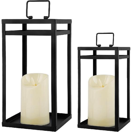 Modern Farmhouse Lantern Decor, 2Pcs Metal Candle Lanterns with Flameless Candles Black Decorative Lantern for Front Porch Covered Patio Dining Table