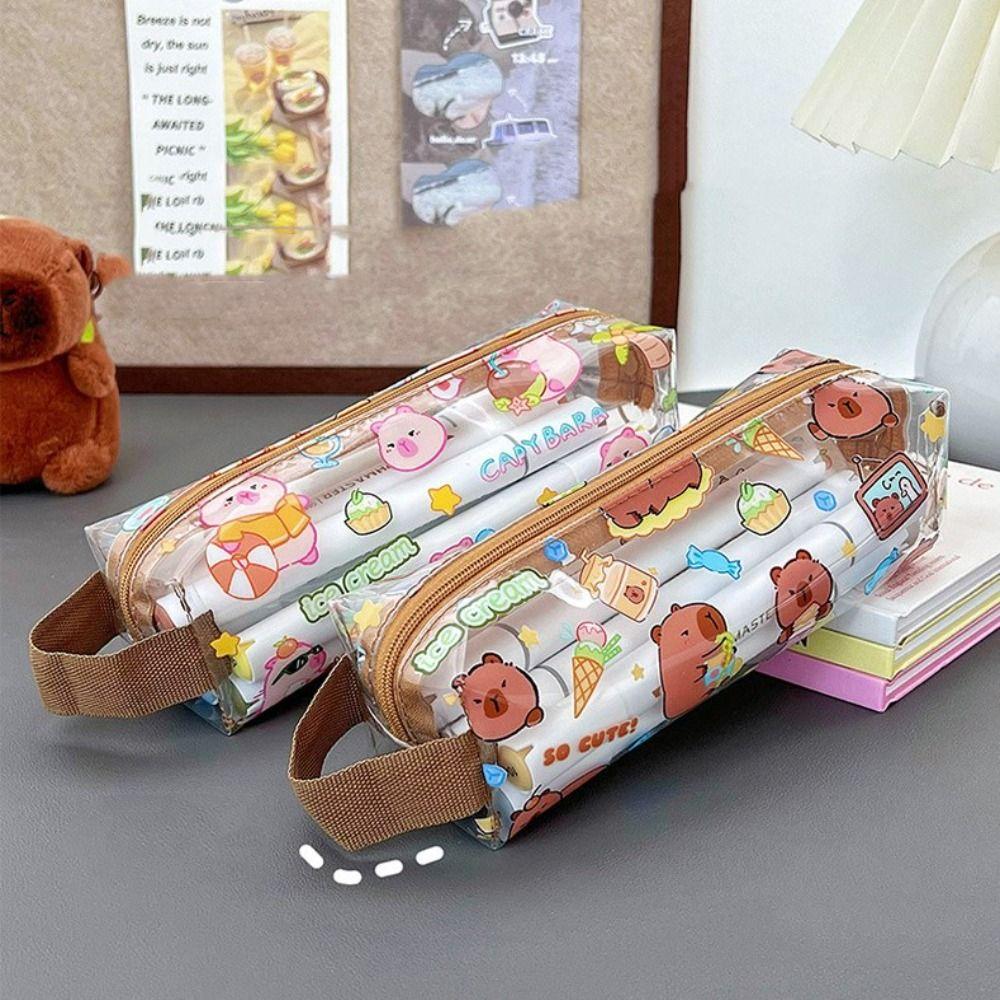 Kawaii Capybara Pen Bag Cartoon Stationery Storage Bag Transparent Pencil Case  Student Gift
