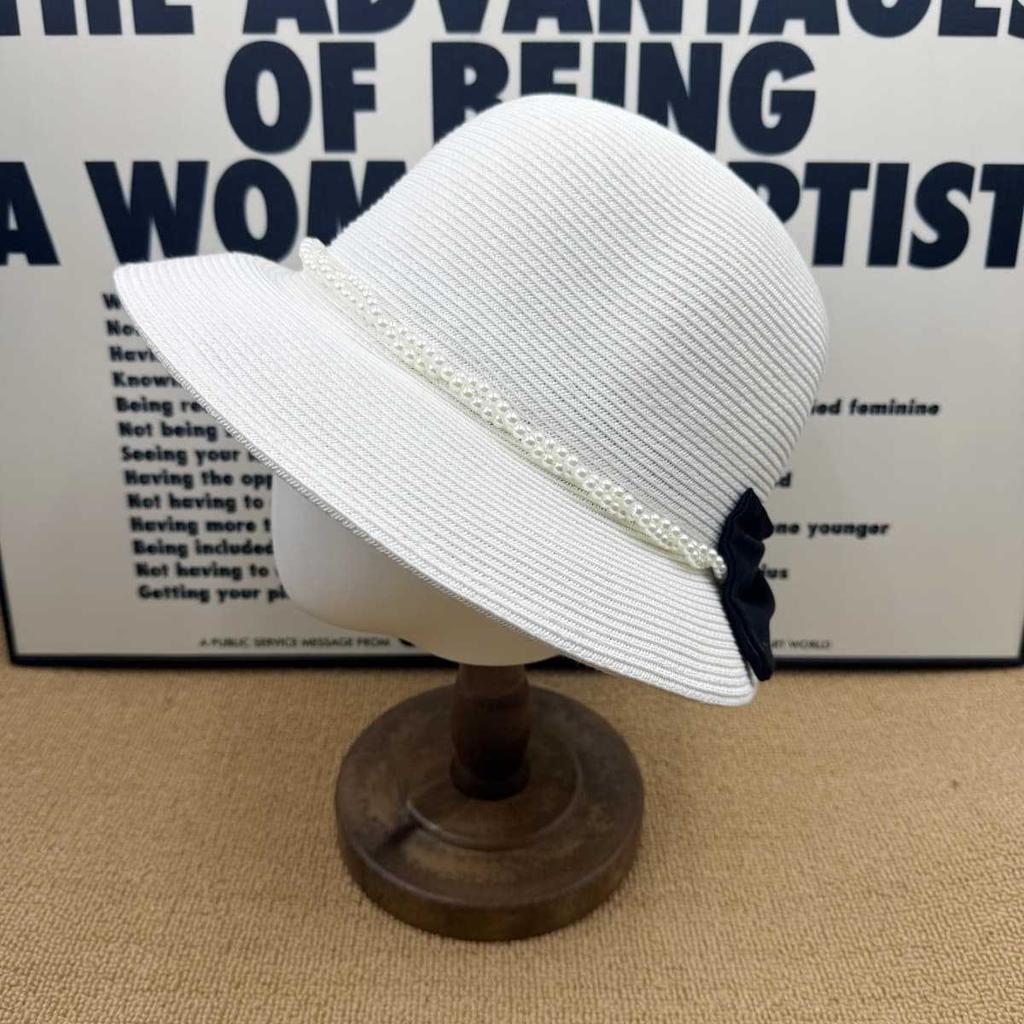 French retro pearl bow straw bucket hat women's summer big brim sunscreen hat sunshade straw hat temperament sun hat