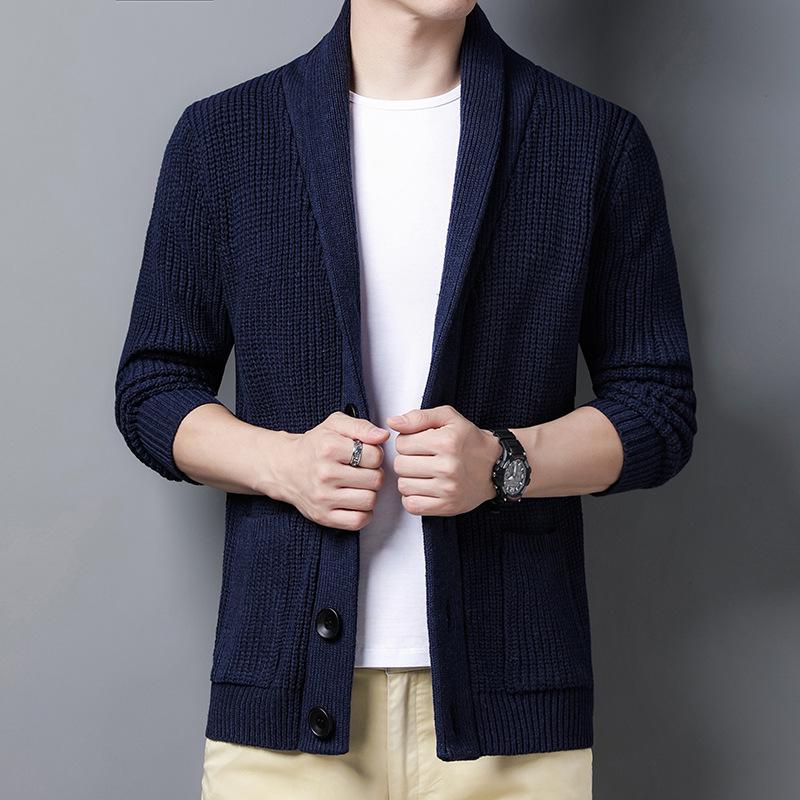 

Мужской весенне-осенний кардиган, вязаный трикотаж - пальто с лацканами, модная верхняя одежда, молодежный топ XXL темно-синий