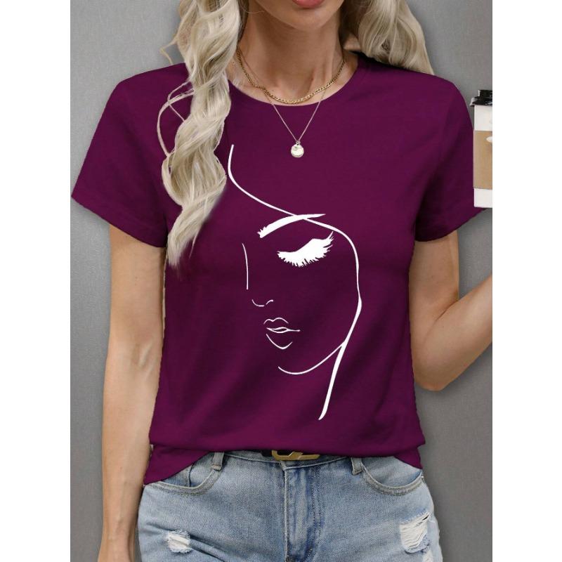 Summer Round Neck 3D Facial Depiction Pattern Print Top Fashionable Casual Short Sleeved Women's T-shirts