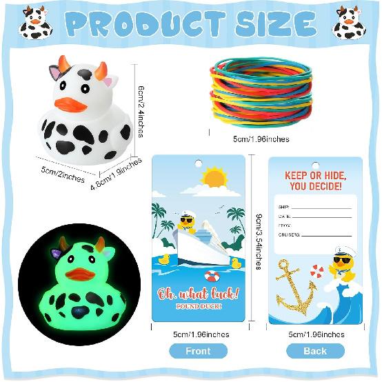 72 Pcs Glow in The Dark Rubber Cow Ducks Tag Cruise Kit Includes 24 Mini Cruising Rubber Cow Ducks 24 Cruising Tags 24 Elastic Bands for Cruising