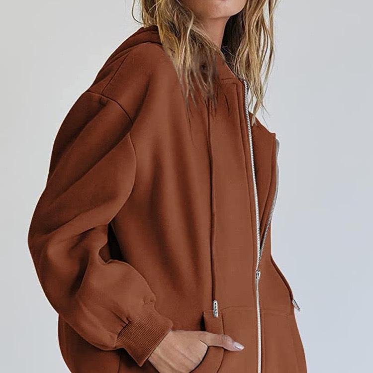 2023 Trendy Women's Solid Color Zipper Hooded Cardigan Jacket with Pockets