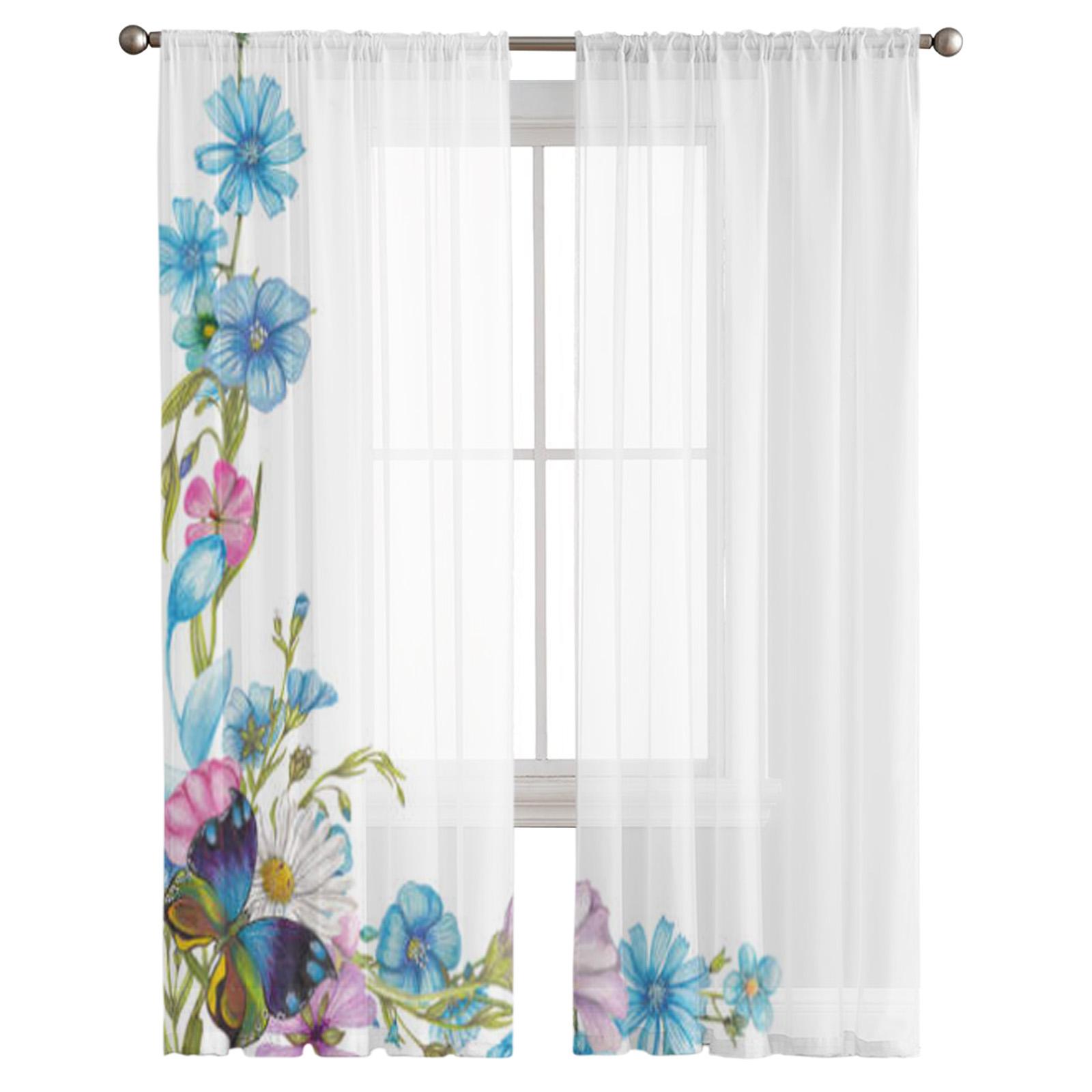 Прозрачные шторы с полевыми цветами и бабочками для гостиной — фото 2