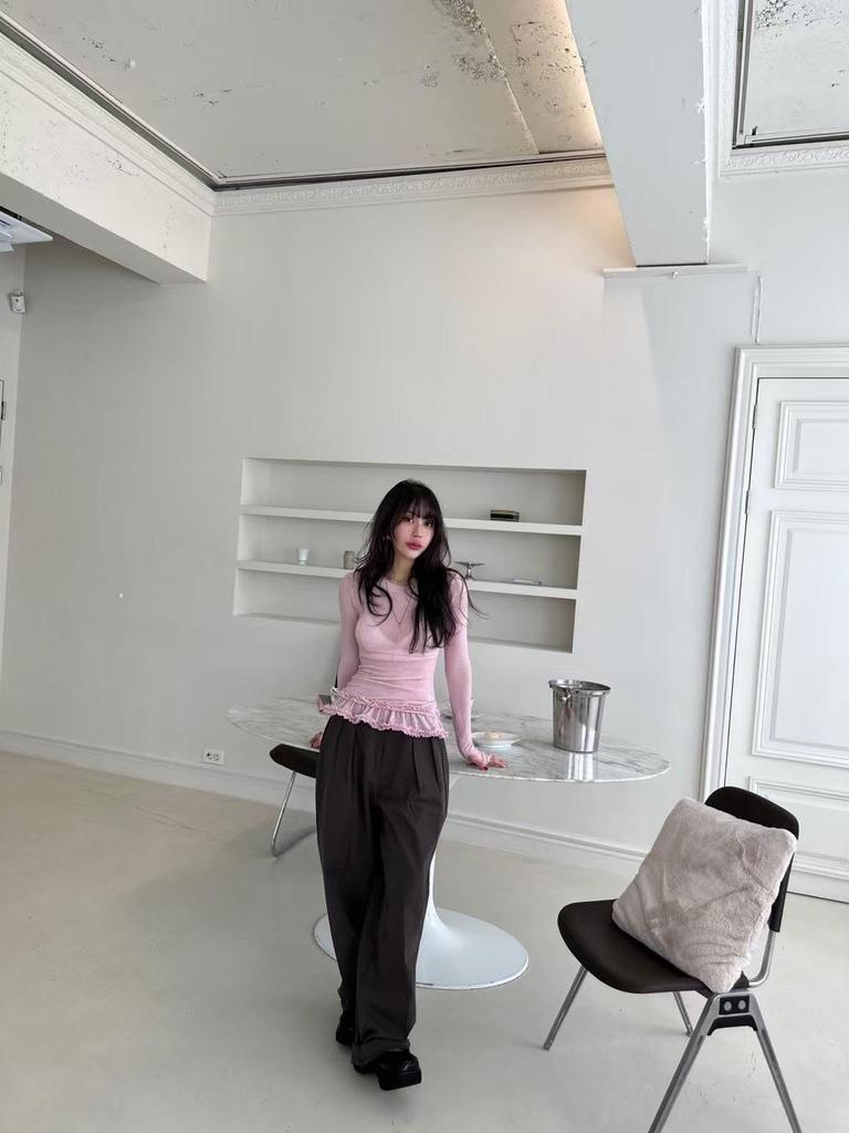 Korean Style 2026 Spring/Autumn Lace Trim Sheer Long Sleeve Women's Top